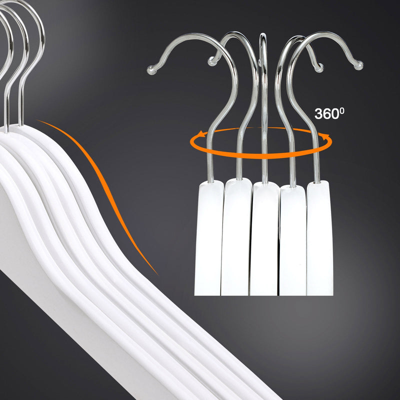 Close-up of the 360 degree swivel metal hooks on five white wooden hangers