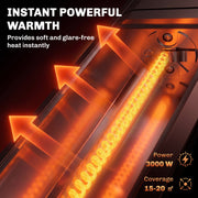 Close-up of glowing carbon fibre heating tubes showing 3000W power and 15-20 sqm coverage