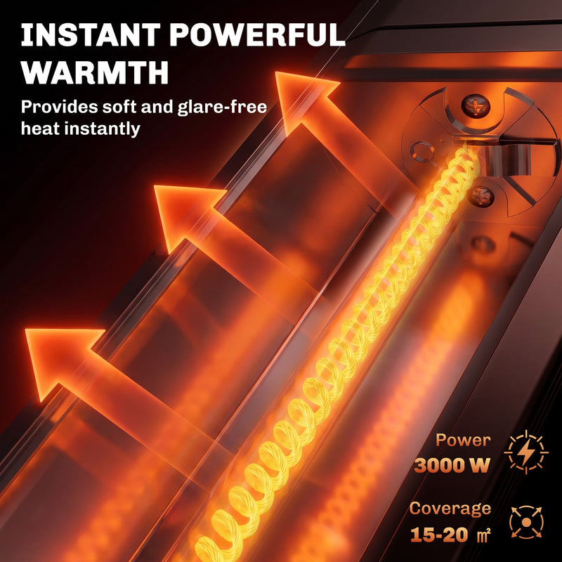 Close-up of glowing carbon fibre heating tubes showing 3000W power and 15-20 sqm coverage