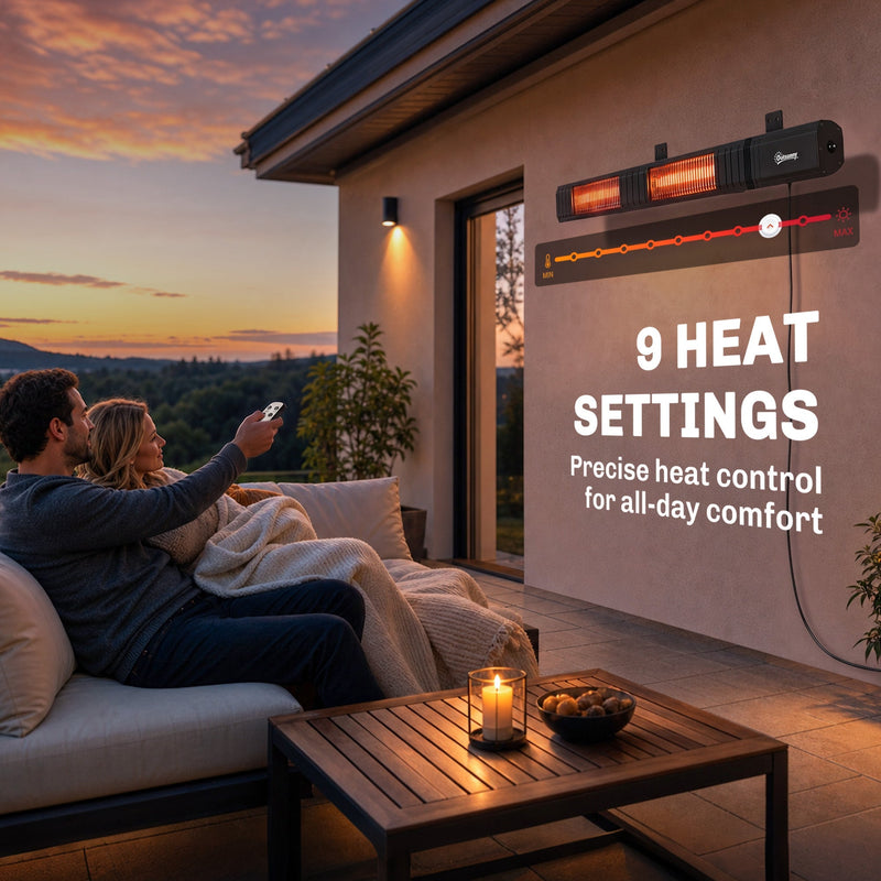 Couple using the remote to select one of 9 heat settings on the patio at night