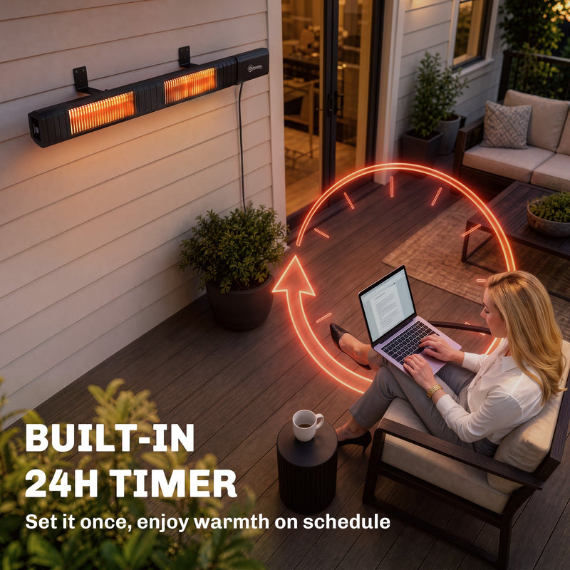 Woman working on a laptop on the deck illustrating the built-in 24-hour timer