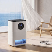 HOMCOM white dehumidifier lifestyle shot beside a floor-to-ceiling window with sea view