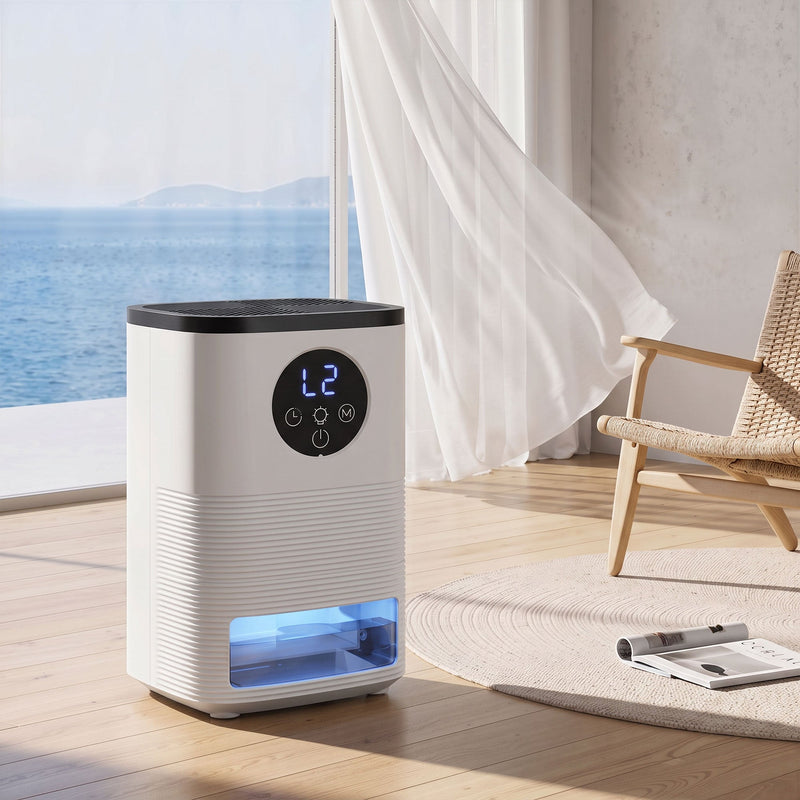 HOMCOM white dehumidifier lifestyle shot beside a floor-to-ceiling window with sea view