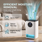 Infographic showing up to 15 square metre coverage and 300ml per day moisture extraction