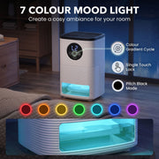 Infographic showing the 7-colour RGB mood light, single touch lock and pitch black mode