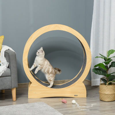 Wooden Cat Running Wheel with Brake 30 Inch Natural Wood Finish by PawHut