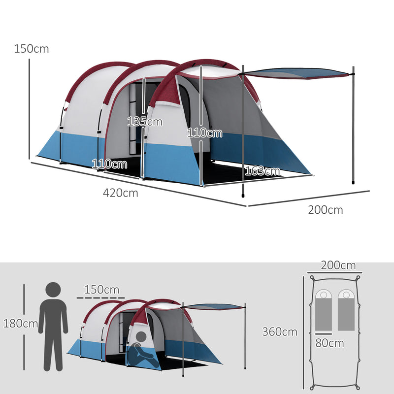 Three Person Two Room Camping Tent With Porch And Organised Storage Red