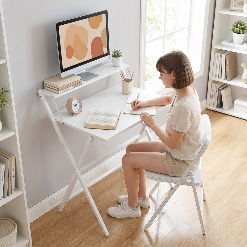 Folding Desk for Small Spaces with Monitor Shelf and Sturdy Steel Frame White