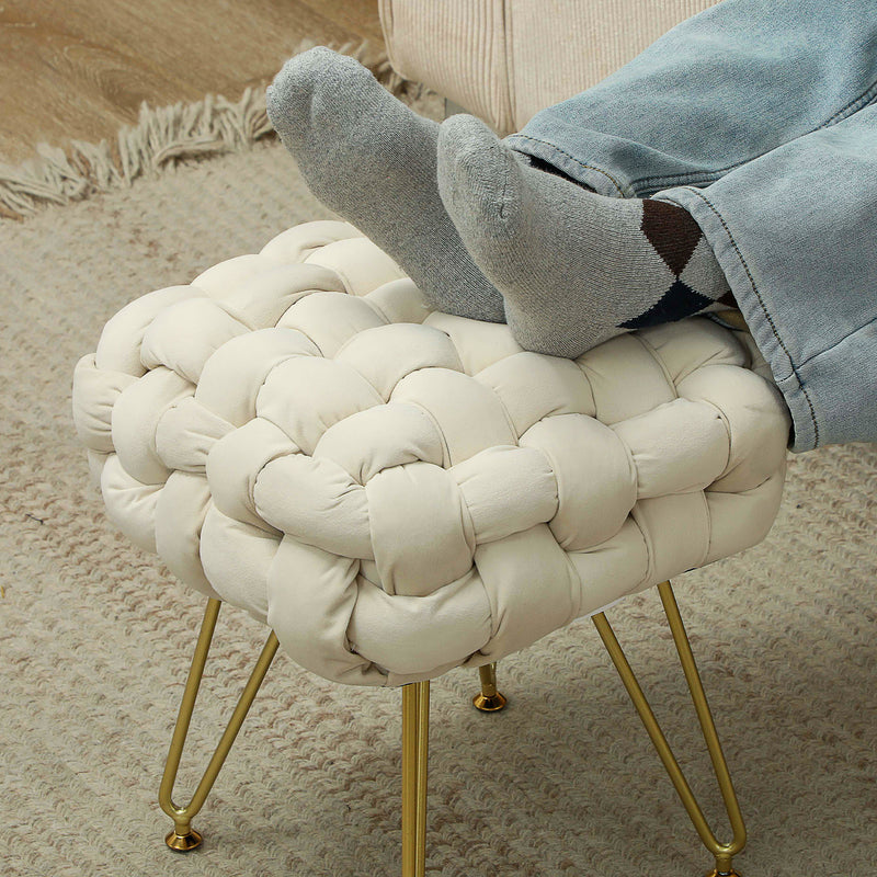 Cream White Velvet Feel Woven Square Footstool With Gold Legs Stylish and Comfortable by HOMCOM