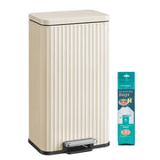 Beige fluted steel 30 L pedal bin with a pack of drawstring liners