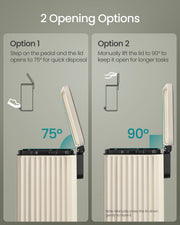 Two opening options shown, pedal lift to 75 degrees and manual lift to 90 degrees