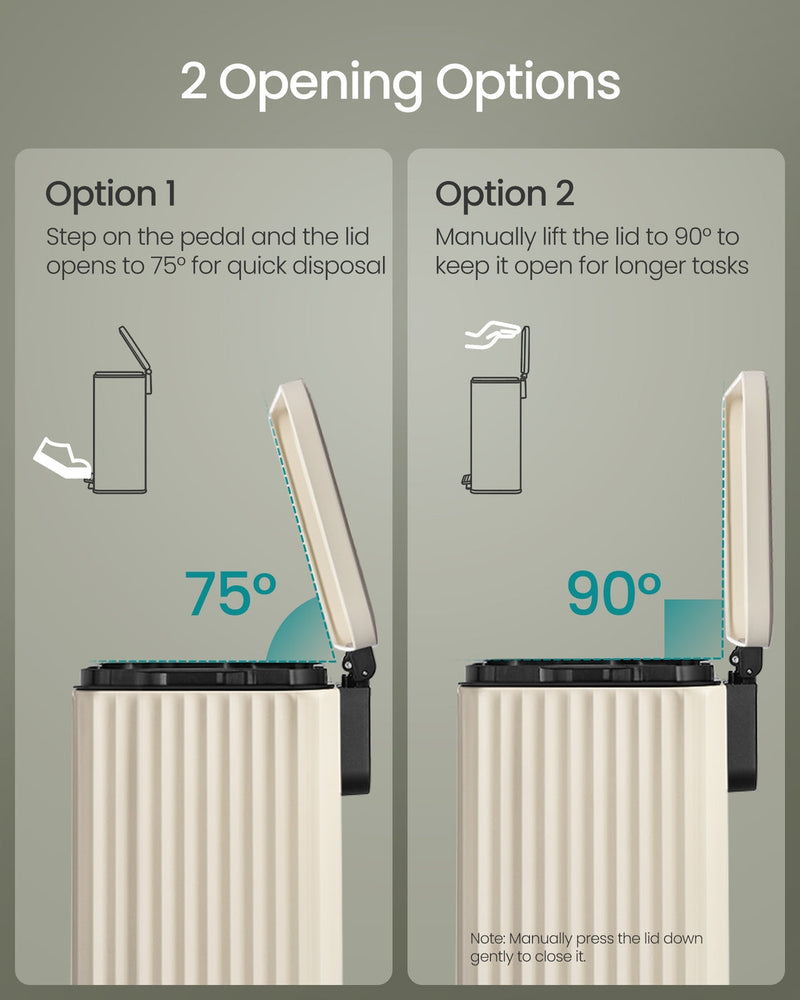 Two opening options shown, pedal lift to 75 degrees and manual lift to 90 degrees