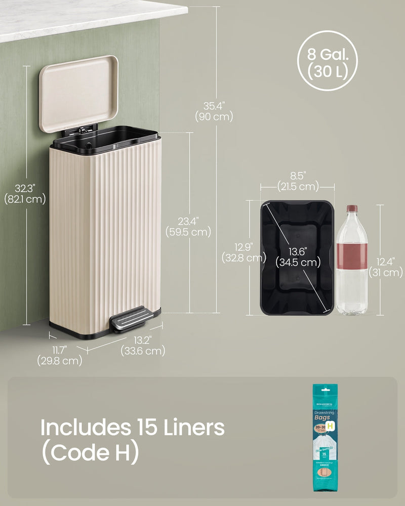 Dimensions diagram of the beige pedal bin, 33.6 x 29.8 x 59.5 cm, 15 liners included