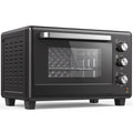 Black 30L mini oven with three control knobs and a glass door on a white background