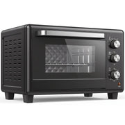 Black 30L mini oven with three control knobs and a glass door on a white background
