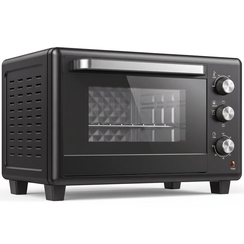 Black 30L mini oven with three control knobs and a glass door on a white background