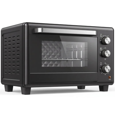 Black 30L mini oven with three control knobs and a glass door on a white background