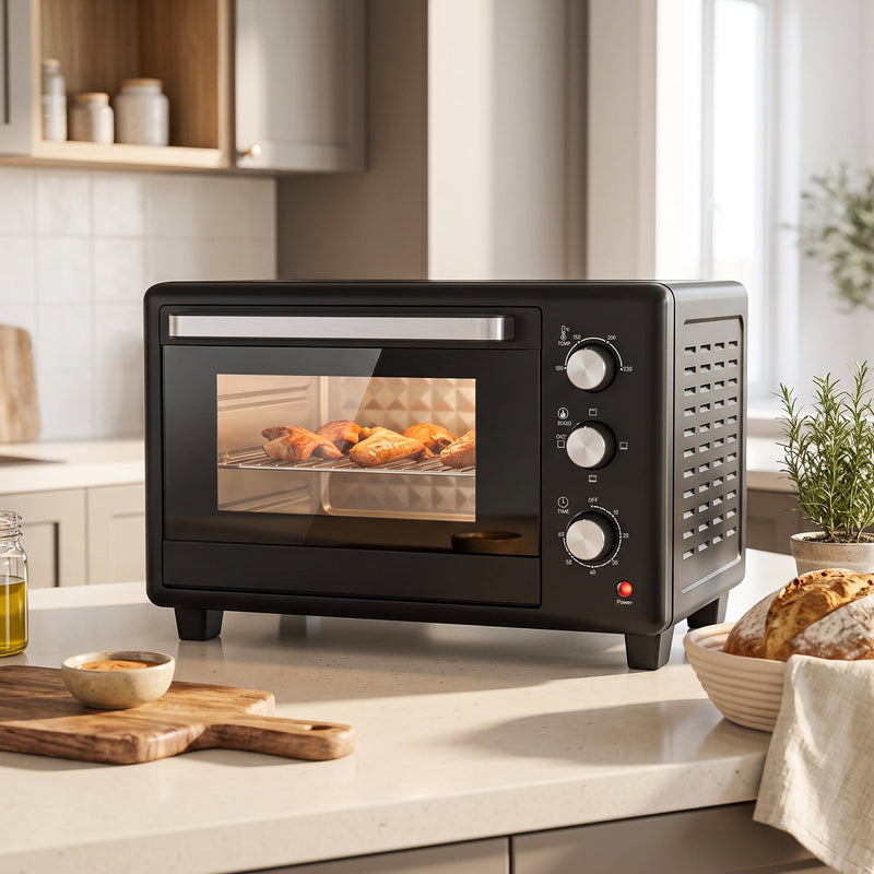 Black 30L mini oven on a worktop with food visible through the glass door