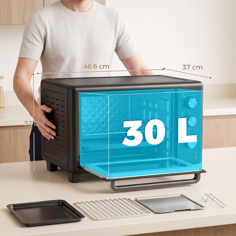 Person holding the black 30L mini oven with width 48.6 cm and depth 37 cm marked