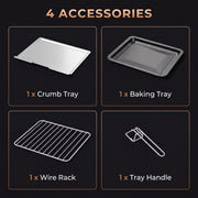 Accessories panel showing the crumb tray, baking tray, wire rack and tray handle