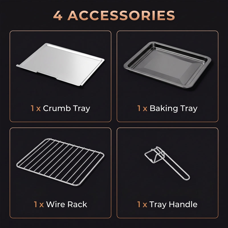 Accessories panel showing the crumb tray, baking tray, wire rack and tray handle