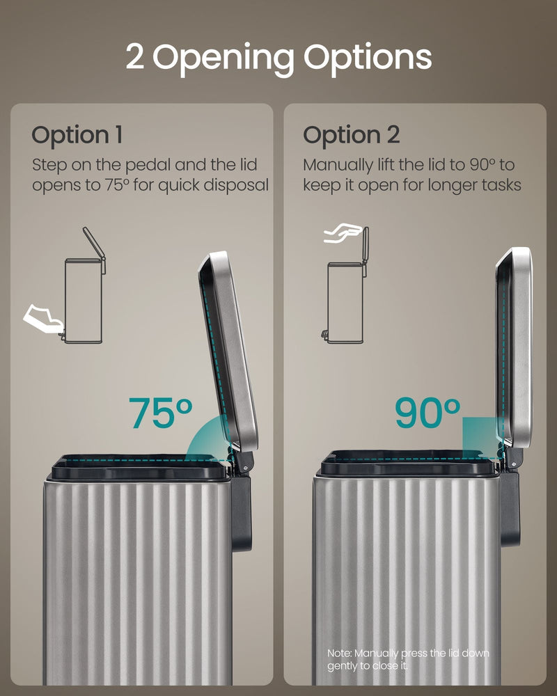 Diagram showing the lid's two opening options: 75 degree pedal-step and 90 degree hand-lift