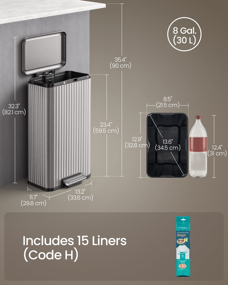 Dimension diagram of the silver pedal bin: 33.6 x 29.8 x 82.1 cm with 90 cm lid-open height
