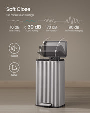 Silver pedal bin shown opening slowly on its soft-close lid mechanism