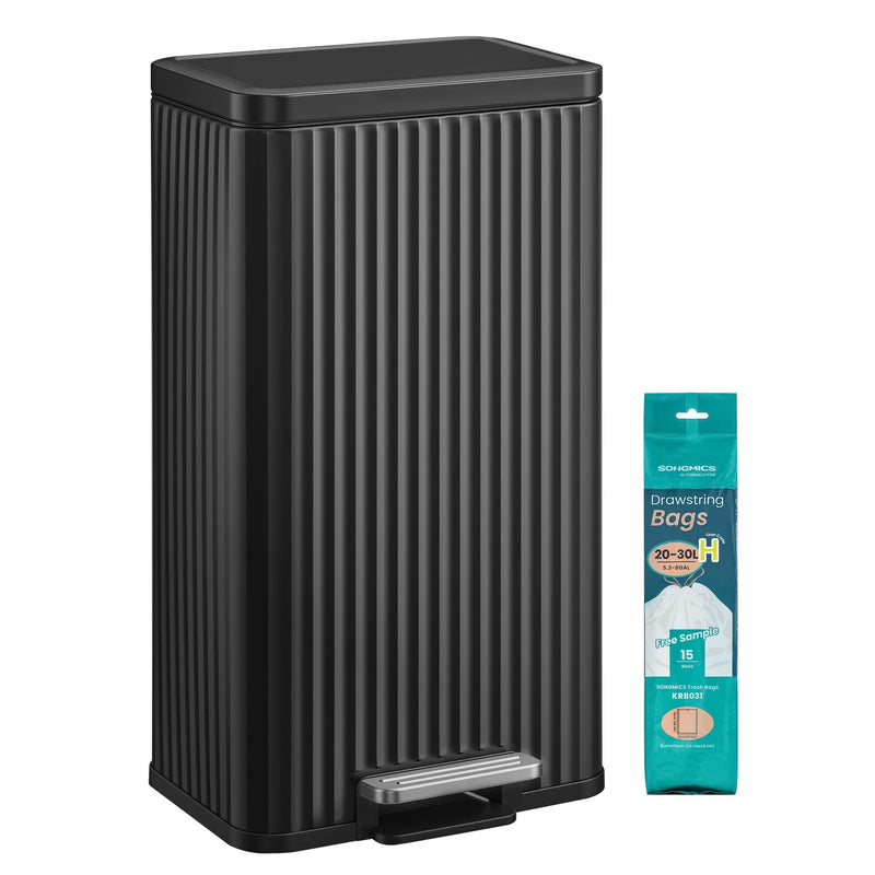 SONGMICS black 30 L steel kitchen pedal bin with a pack of matching liner bags