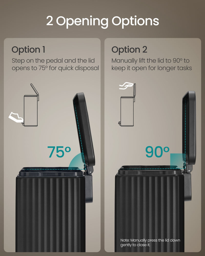 Diagram showing the lid's two opening options: 75 degree pedal-step and 90 degree hand-lift