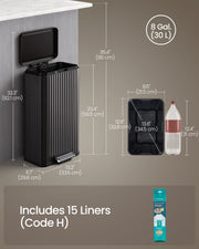 Dimension diagram of the black pedal bin: 33.6 x 29.8 x 82.1 cm with 90 cm lid-open height