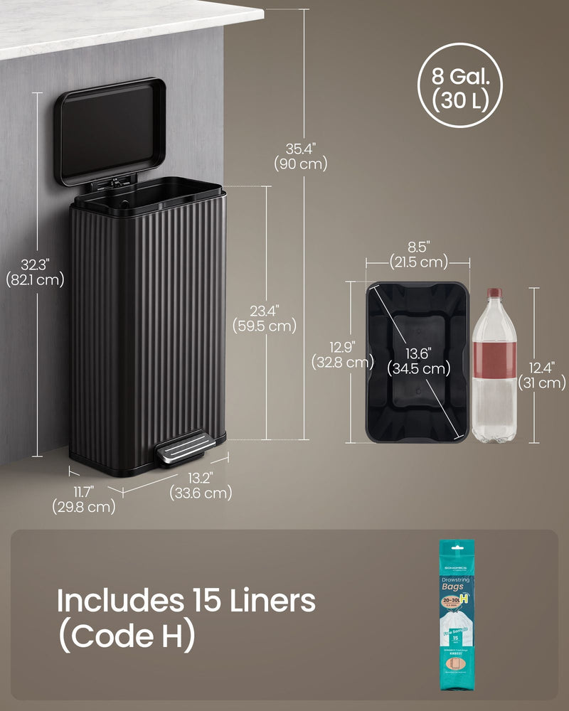 Dimension diagram of the black pedal bin: 33.6 x 29.8 x 82.1 cm with 90 cm lid-open height