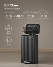 Black pedal bin shown opening slowly on its soft-close lid mechanism