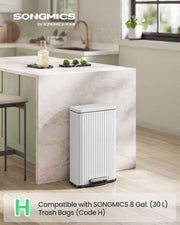 White SONGMICS pedal bin in a modern kitchen, compatible with 30 L trash bags