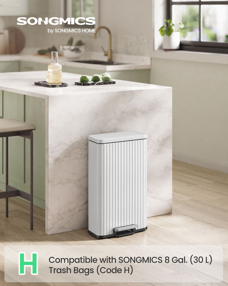 White SONGMICS pedal bin in a modern kitchen, compatible with 30 L trash bags