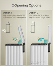 Diagram showing the lid's two opening options: 75 degree pedal-step and 90 degree hand-lift