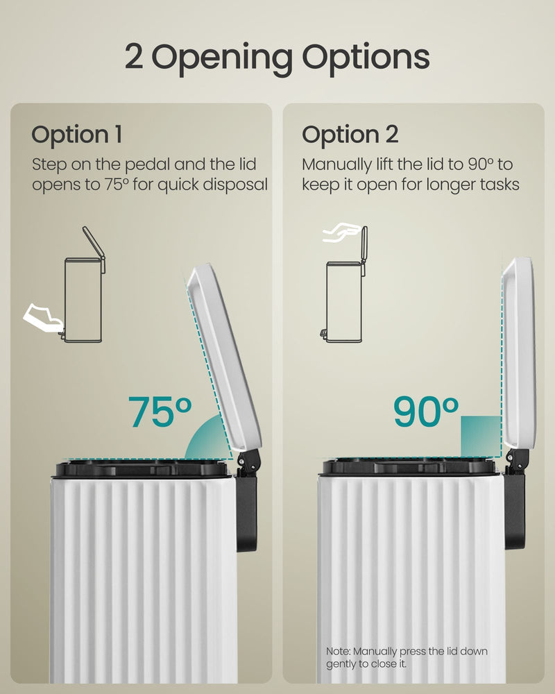 Diagram showing the lid's two opening options: 75 degree pedal-step and 90 degree hand-lift