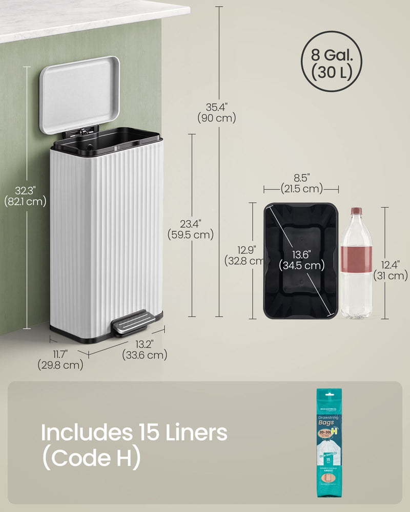 Dimension diagram of the white pedal bin: 33.6 x 29.8 x 82.1 cm with 90 cm lid-open height