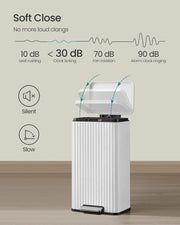 White pedal bin shown opening slowly on its soft-close lid mechanism