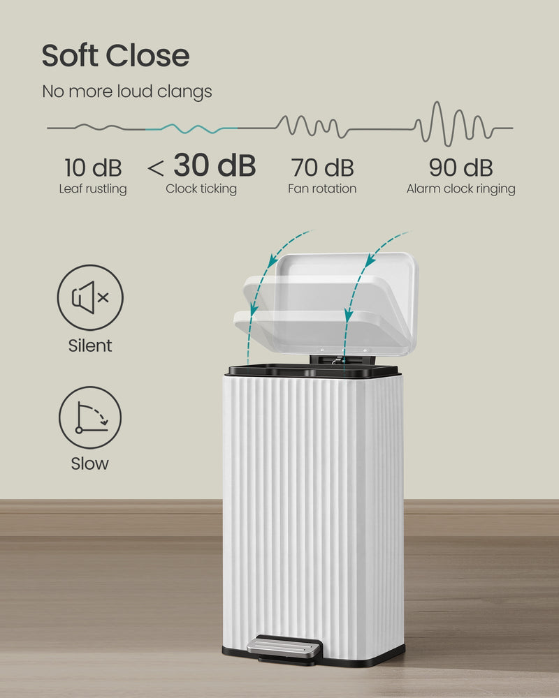 White pedal bin shown opening slowly on its soft-close lid mechanism