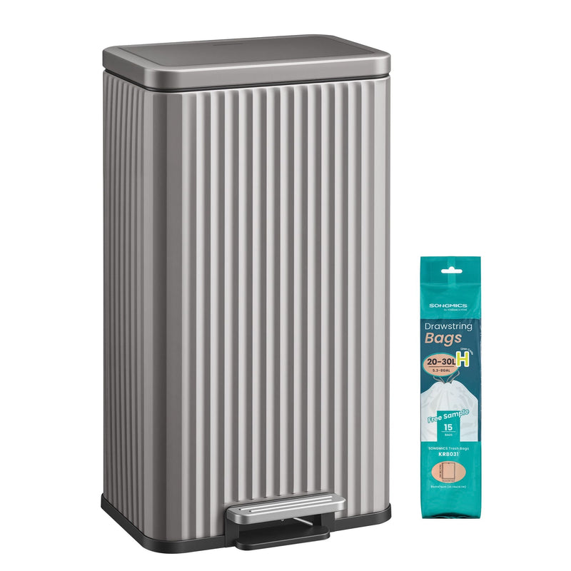 SONGMICS silver 30 L steel kitchen pedal bin with a pack of matching liner bags