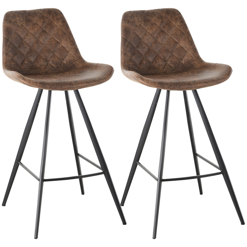 Set of 2 Vintage Bar Stools with Padded Quilted Seats and Footrest for Kitchen Brown