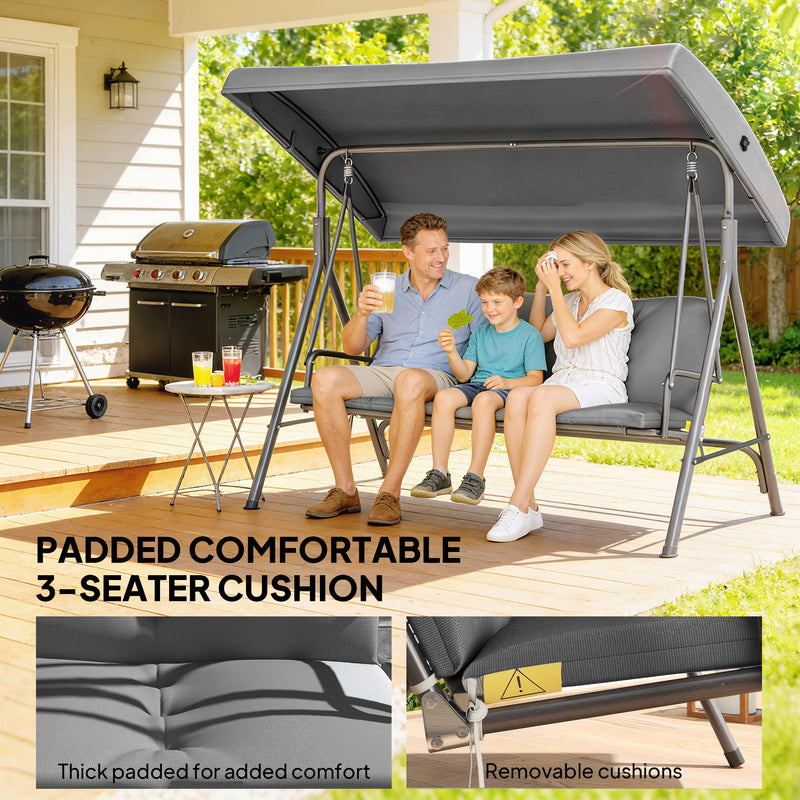 3 Seater Garden Swing Seat with Cushions and Adjustable Canopy for Outdoor Relaxing, Dark Grey