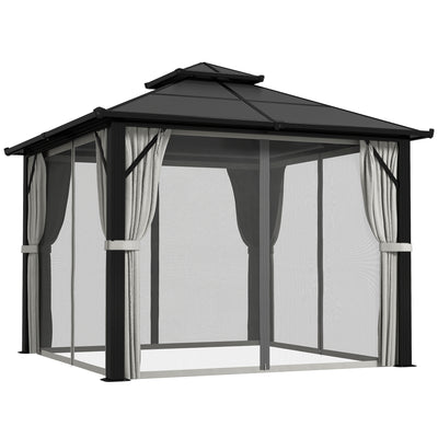 Grey 3m x 3m Hardtop Gazebo with UPF30+ Polycarbonate Roof and Curtains by Outsunny