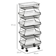 HOMCOM 5 Tier Storage Trolley, Stackable Fruit Vegetable Cart for Kitchen, Living Room, 40 x 2 x 97 cm, Black AOSOM