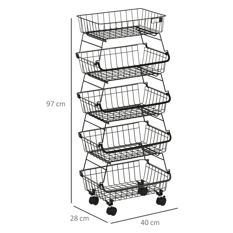 HOMCOM 5 Tier Storage Trolley, Stackable Fruit Vegetable Cart for Kitchen, Living Room, 40 x 2 x 97 cm, Black AOSOM