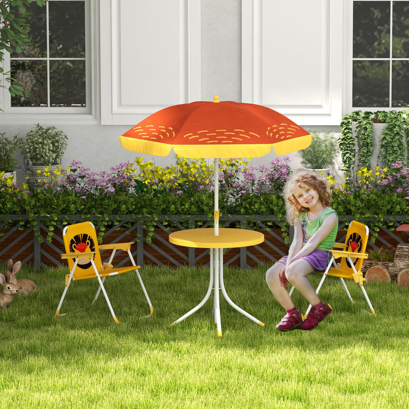 Yellow Kids Garden Picnic Table Set With Lion Design Foldable Chairs And Parasol