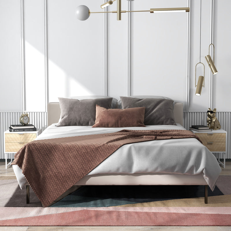 Set of 2 Modern Bedside Tables with Drawers and Metal Frame for Bedroom or Lounge White Oak