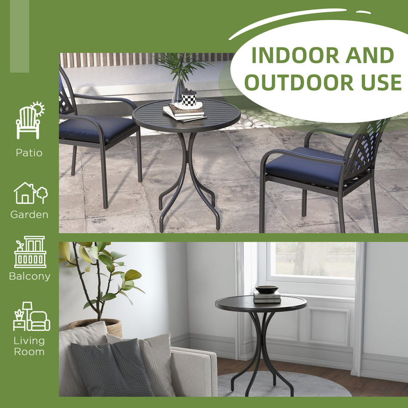 Black Steel Round Garden Side Table 66cm With Slatted Top Ideal For Patio Or Balcony