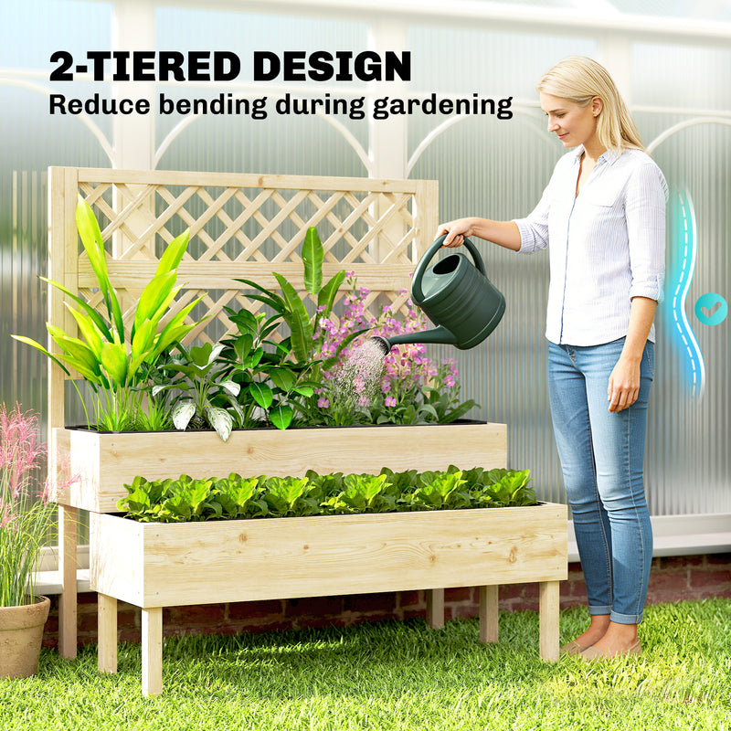 2 Tier Wooden Raised Garden Bed with Trellis for Easy Planting and Climbing Support, Natural Wood Finish Outsunny
